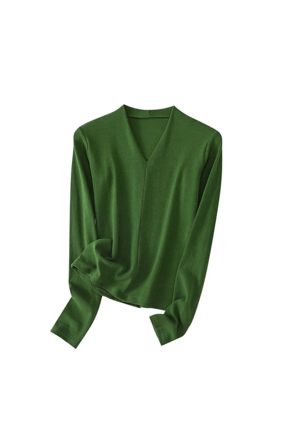 Women's Plus Size Tops Long Sleeve V Neck Solid Color Basic T Shirts Base Layer Tops Soft Casual Undershirts(Green,XX-Large)