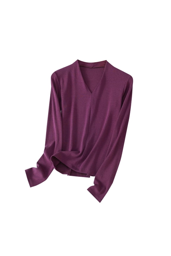 Women's Plus Size Tops Long Sleeve V Neck Solid Color Basic T Shirts Base Layer Tops Soft Casual Undershirts(Purple,Medium)