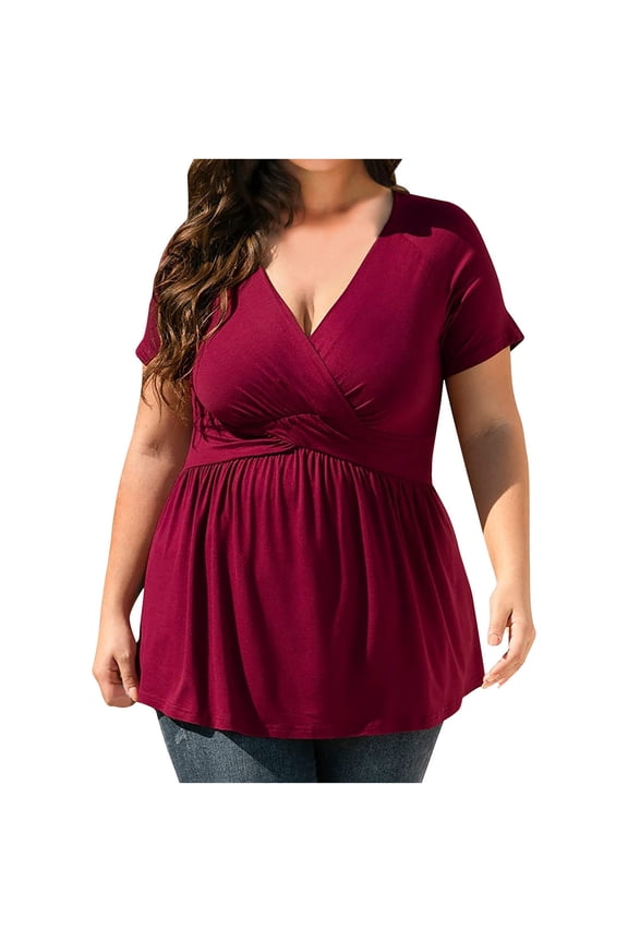Women's Plus Size Tops Short Sleeve Cross Wrap V Neck Pleated Babydoll T-Shirts Trendy Peplum Tops Slim Tee Blouses