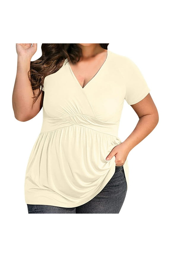 Women's Plus Size Tops Short Sleeve Cross Wrap V Neck Pleated Babydoll T-Shirts Trendy Peplum Tops Slim Tee Blouses