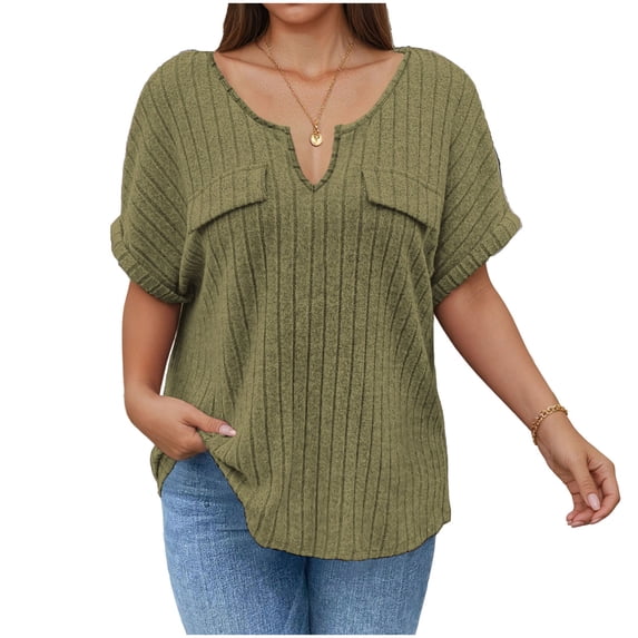 Lenpel Women's Plus Size Tops Short Sleeve Notched V Neck Ribbed Knit T-Shirts Loose Fit Blouses Soft Casual Tees