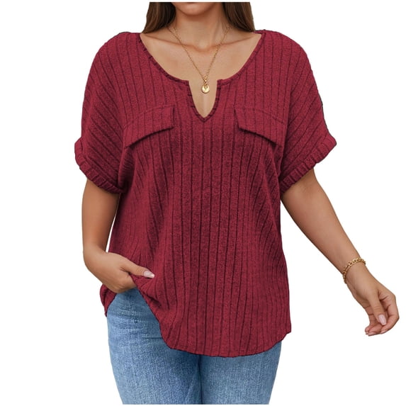 Lenpel Women's Plus Size Tops Short Sleeve Notched V Neck Ribbed Knit T-Shirts Loose Fit Blouses Soft Casual Tees