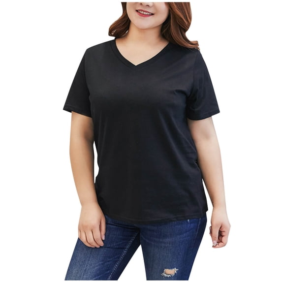 Lenpel Women's Plus Size Tops Soft Cotton V Neck Short Sleeve Solid Color Casual T-Shirts Tunic Tee Blouses