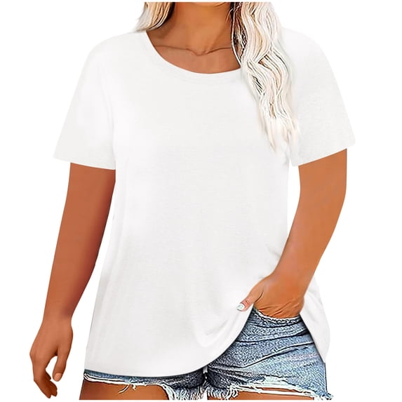 Lenpel Women's Plus Size Tops Soft Crew Neck Short Sleeve Solid Color Basic T Shirts Loose Tunic Tee Blouses
