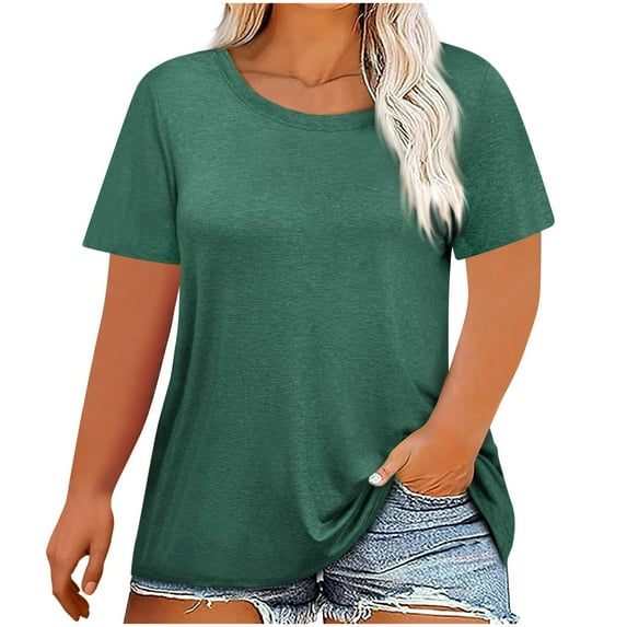 Lenpel Women's Plus Size Tops Soft Crew Neck Short Sleeve Solid Color Basic T Shirts Loose Tunic Tee Blouses