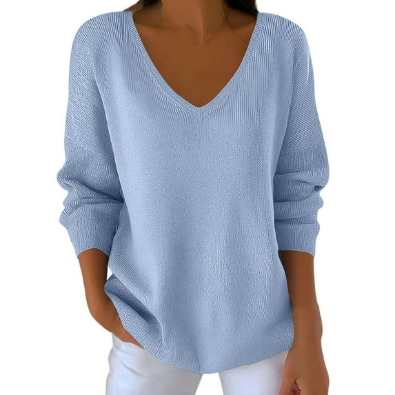 Lenpel Women's Plus Size Tops Soft Long Sleeve V Neck Solid Color Casual T Shirts Loose Tee Blouses Fall Fashion Outfits(Light Blue,X-Large)