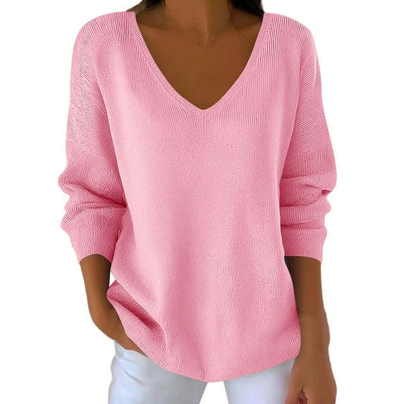 Lenpel Women's Plus Size Tops Soft Long Sleeve V Neck Solid Color Casual T Shirts Loose Tee Blouses Fall Fashion Outfits(Pink,Small)