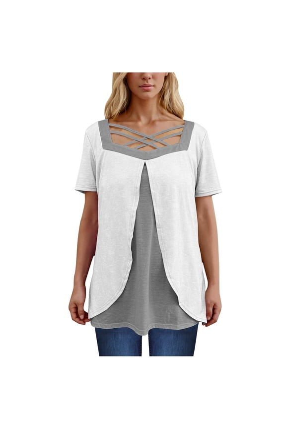 Women's Plus Size Tops Summer Short Sleeve Square Neck Criss Cross Color Block Patchwork R Shirts Loose Casual Tees