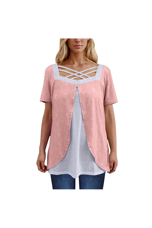 Women's Plus Size Tops Summer Short Sleeve Square Neck Criss Cross Color Block Patchwork R Shirts Loose Casual Tees