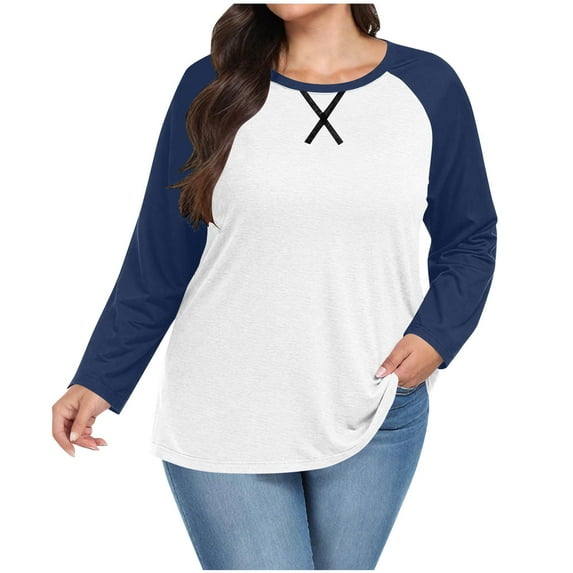 Lenpel Women's Plus Size Tops Trendy Long Sleeve Crew Neck Color Block T Shirts Soft Casual Tees Loose Tunic Blouses(Navy,5X-Large)