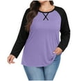 thumbnail image 1 of Lenpel Women's Plus Size Tops Trendy Long Sleeve Crew Neck Color Block T Shirts Soft Casual Tees Loose Tunic Blouses(Purple,Large), 1 of 6