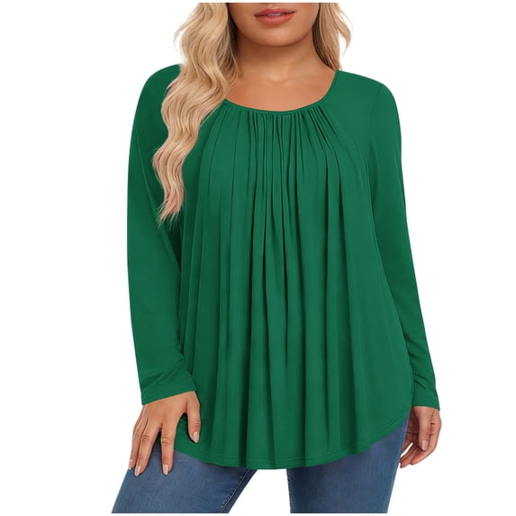 Lenpel Women's Plus Size Tops Trendy Long Sleeve Crew Neck Pleated Curved Hem Casual T-Shirts Loose Tunic Blouses