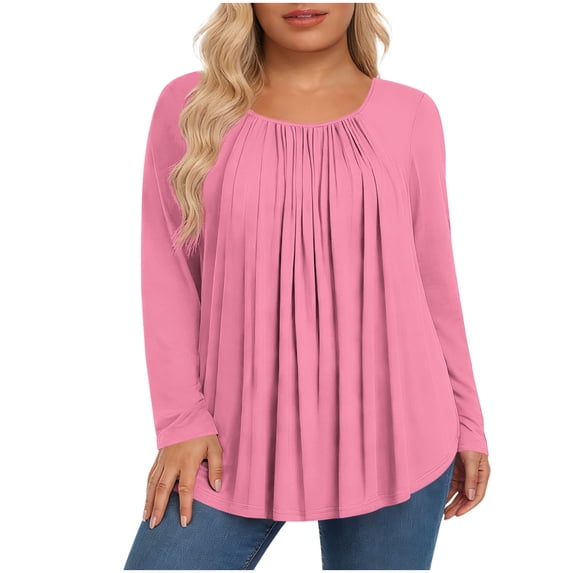 Lenpel Women's Plus Size Tops Trendy Long Sleeve Crew Neck Pleated Curved Hem Casual T-Shirts Loose Tunic Blouses