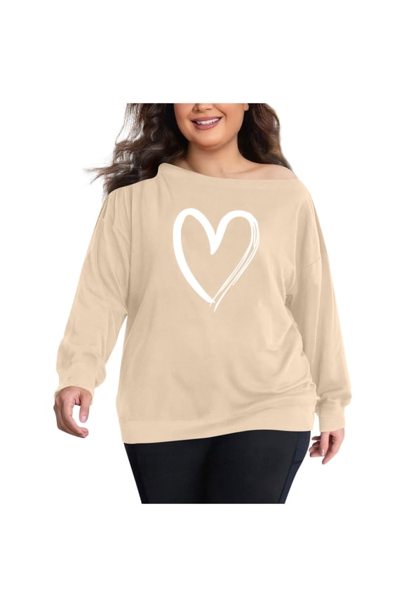 Women's Plus Size Tops off One Shoulder Long Sleeve Heart Printed Pullover Tunic Tops Casual Graphic Tees Loose Fit Blouses