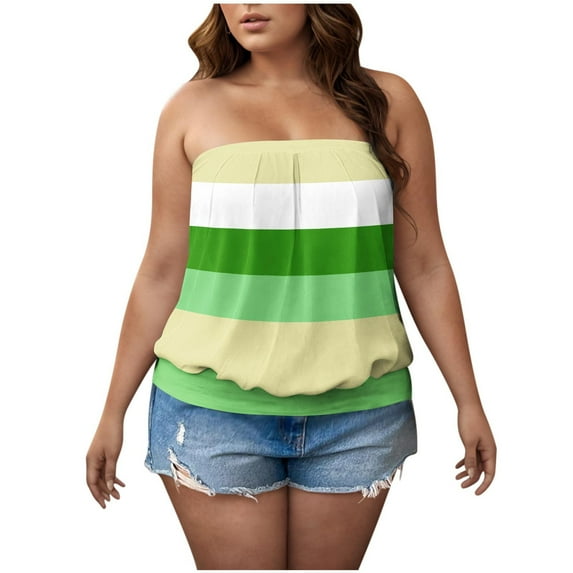 Lenpel Women's Plus Size Tube Tops Loose off the Shoulder Pleated Color Block Bandeau Shirts Casual Strapless Blouses