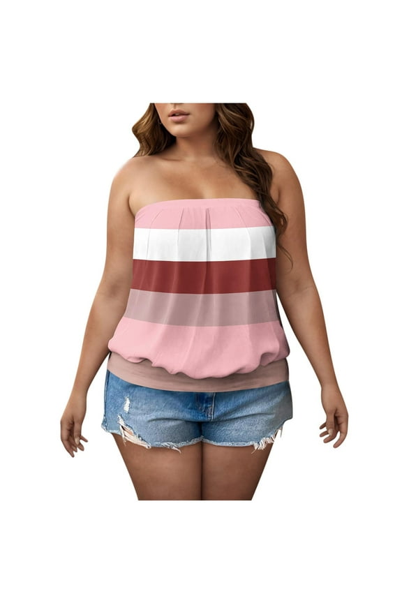 Women's Plus Size Tube Tops Loose off the Shoulder Pleated Color Block Bandeau Shirts Casual Strapless Blouses