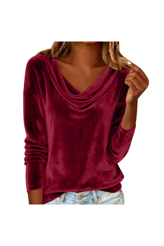 Women's Plus Size Velvet Tops Long Sleeve Cowl Neck Velour T-Shirts Dressy Casual Tee Blouses Loose Party Tops