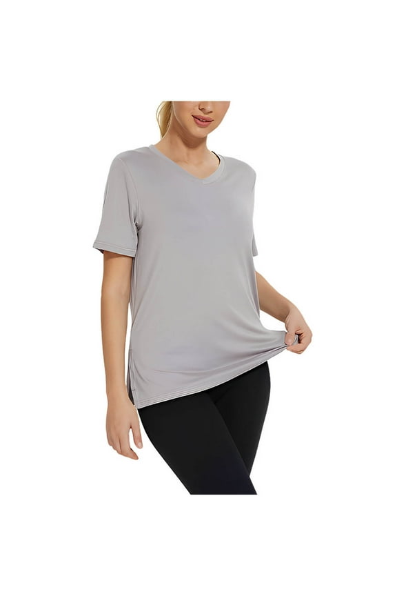 Women's Plus Size Workout Tops Short Sleeve V Neck Side Split Athletic Yoga Shirts Running Gym Tee Blouses