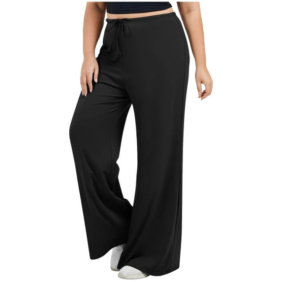 Lenpel Women's Plus Size Yoga Pants Elastic High Waisted Drawstring Wide Leg Lounge Pants Baggy Casual Workout Trousers(Black,4X-Large)
