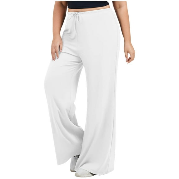 Lenpel Women's Plus Size Yoga Pants Elastic High Waisted Drawstring Wide Leg Lounge Pants Baggy Casual Workout Trousers(White,X-Large)