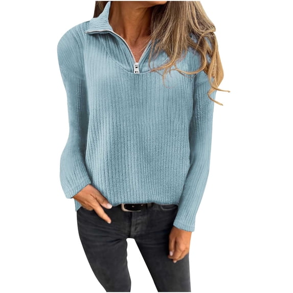 Lenpel Women's Pullover Sweaters Quarter Zip Lapel Long Sleeve Ribbed Knit Tunic Tops Fall Fashion Sweatshirts