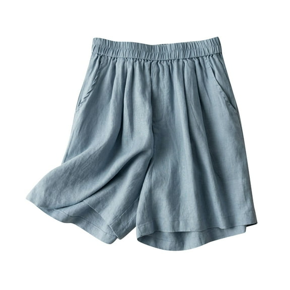 Lenpel Women's Pus Size Bermuda Shorts Lightweight Elastic Waist Wide Leg Cotton Linen Shorts Summer Casual Beach Shorts with Pockets