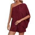 thumbnail image 1 of Lenpel Women's Rompers Summer off One Shoulder Half Sleeve Elastic Waist Patchwork Textured Jumpsuits Loose Overall Shorts, 1 of 6