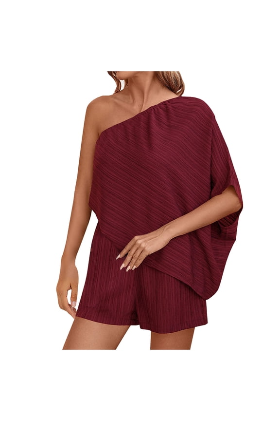 Women's Rompers Summer off One Shoulder Half Sleeve Elastic Waist Patchwork Textured Jumpsuits Loose Overall Shorts