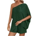 thumbnail image 1 of Lenpel Women's Rompers Summer off One Shoulder Half Sleeve Elastic Waist Patchwork Textured Jumpsuits Loose Overall Shorts, 1 of 6
