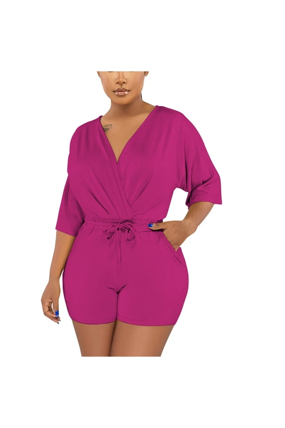 Women's Rompers Trendy Summer 3/4 Sleeve Wrap V Neck Tie Waist Casual Short Jumpsuits Beach Vacation Clothes