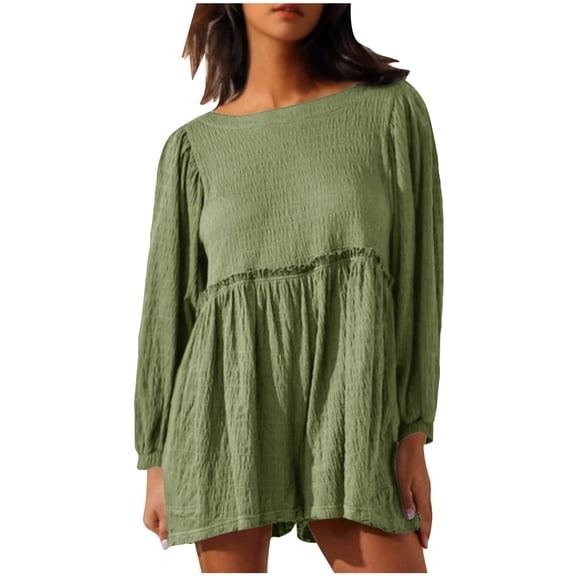 Lenpel Women's Rompers Trendy Summer Long Sleeve Boat Neck Causal Loose Short Jumpsuits One Piece Beach Vacation Outfits