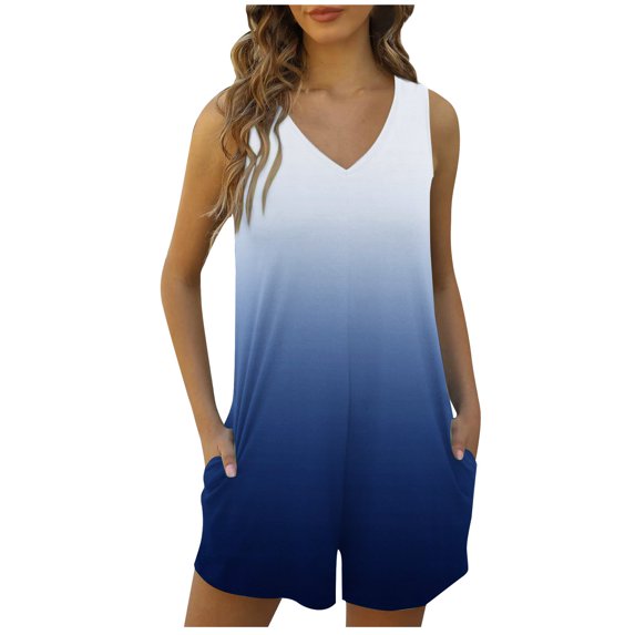 Lenpel Women's Rompers Casual Loose Sleeveless V Neck Tank Top Short Jumpsuits with Pockets Summer Beach Vacation Outfits
