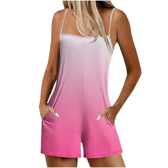 Lenpel Women's Rompers Summer Casual Sleeveless Spaghetti Strap Square Neck Gradient Short Jumpsuits Loose Overalls with Pockets