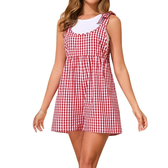 Lenpel Women's Rompers Summer Plaid Tie Knot Strap Scoop Neck Wide Leg Sleeveless Short Jumpsuits Casual Loose Overalls