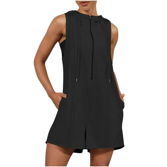 Lenpel Women's Rompers Summer Sleeveless Half Zip Hooded Athletic Jumpsuits Casual Loose Overall Shorts with Pockets