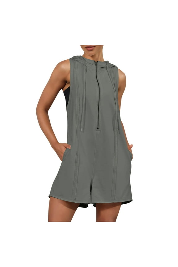 Women's Rompers Summer Sleeveless Half Zip Hooded Athletic Jumpsuits Casual Loose Overall Shorts with Pockets