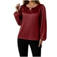 thumbnail image 1 of Lenpel Women's Satin Blouses Dressy Casual Long Sleeve Crew Neck Cut out Pleated Business Work Tops Loose Office Blouses(Wine,X-Large), 1 of 4