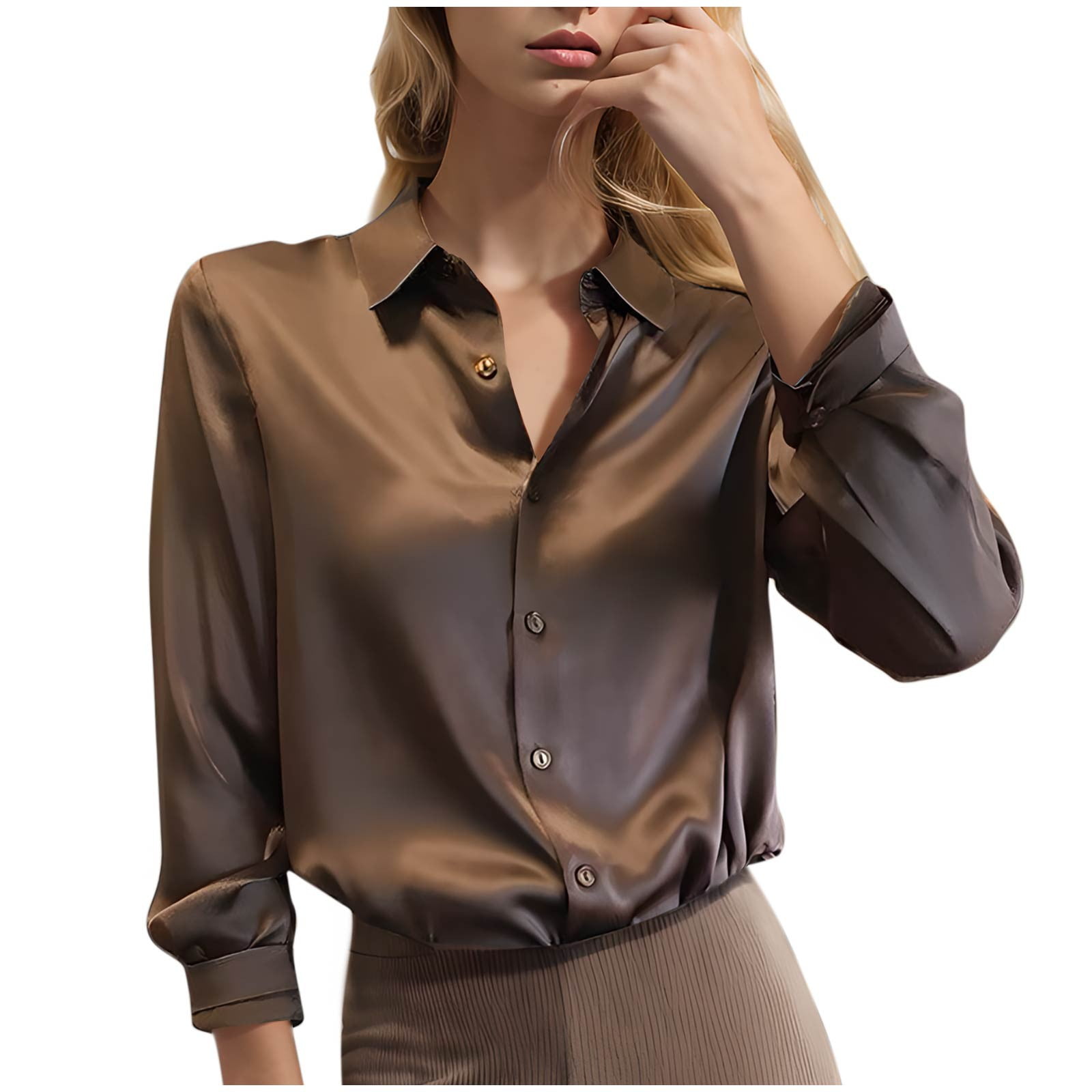 Women's Satin Blouse – Long Sleeve Business Shirt, Elegant Office Top With Hanging Collar
