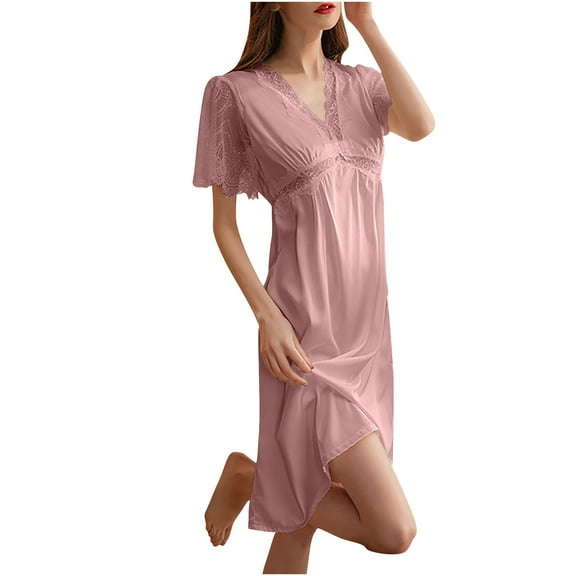 Lenpel Women's Satin Nightgown Sleepwear Lace Mesh Short Sleeve V Neck Nightshirts Knee Length Sleep Dress