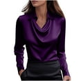 thumbnail image 1 of Lenpel Women's Satin Silk Blouses Dressy Long Sleeve Cowl Neck Collared Curved Hem Business Casual Tops Loose Work Shirts(Purple,X-Large), 1 of 6
