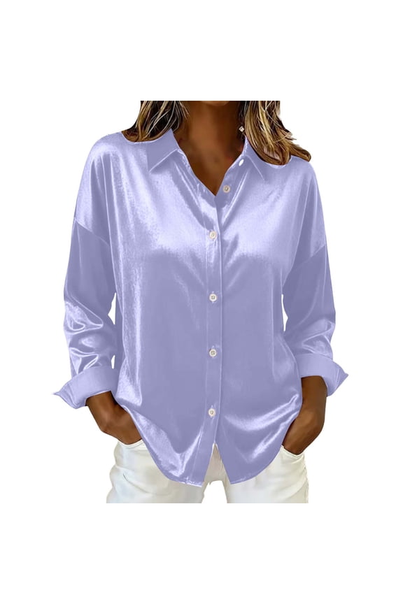 Women's Satin Silk Blouses Dressy Long Sleeve Curved Hem Collared Button down Shirts Business Casual Tops(Purple,Medium)