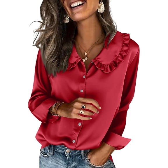 Lenpel Women's Satin Silk Blouses Long Sleeve Babydoll Collared Ruffle Trim Button down Shirts Dressy Casual Work Tops(Red,Medium)