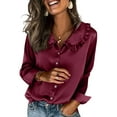thumbnail image 1 of Lenpel Women's Satin Silk Blouses Long Sleeve Babydoll Collared Ruffle Trim Button down Shirts Dressy Casual Work Tops(Wine,X-Large), 1 of 7