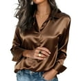 thumbnail image 1 of Lenpel Women's Satin Silk Blouses Long Sleeve Collared Button down Shirts Business Casual Work Tops Loose Dress Shirts(Coffee,Large), 1 of 5