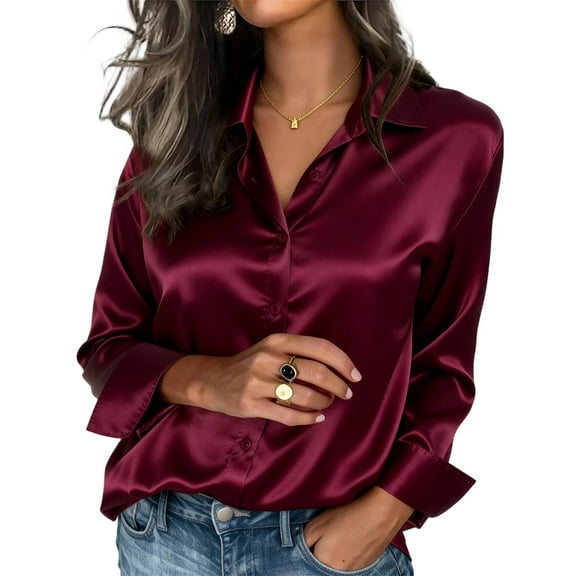 Lenpel Women's Satin Silk Blouses Long Sleeve Collared Button down Shirts Business Casual Work Tops Loose Dress Shirts(Wine,X-Large)