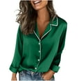 thumbnail image 1 of Lenpel Women's Satin Silk Blouses Long Sleeve V Neck Notched Collar Button down Shirts Business Casual Work Tops(Green,Large), 1 of 7