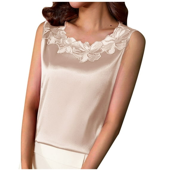 Lenpel Women's Satin Tank Tops Floral Lace Crew Neck Plus Size Sleeveless Shirts Trendy Summer Blouses