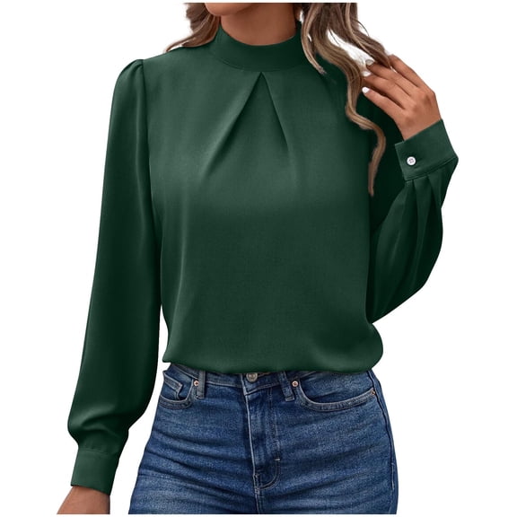 Lenpel Women's Satin Tops Dressy Casual Long Sleeve Mock Neck Pleated Business Work Shirts Loose Office Blouses(Army Green,Small)