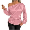 thumbnail image 1 of Lenpel Women's Satin Tops off One Shoulder Lantern Long Sleeve Asymmetrical Neck Ruched Dressy Blouses Loose Party Casual Shirts, 1 of 5