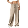 thumbnail image 1 of Lenpel Women's Satin Wide Leg Pants Casual Loose Elastic High Waisted Drawstring Pajama Lounge Pants Sleepwear Pj Bottoms(Khaki,Small), 1 of 7